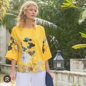 Soft Surroundings Zehra Satin Kimono Top 2X Tahitian Floral Yellow Resort Chic